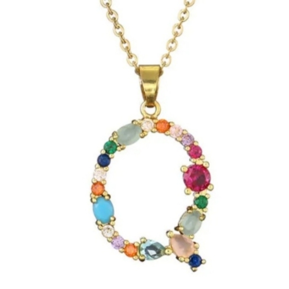Q Letter Pendant Necklace Multicolor Rhinestones Gold Tone Chain - Picture 1 of 12